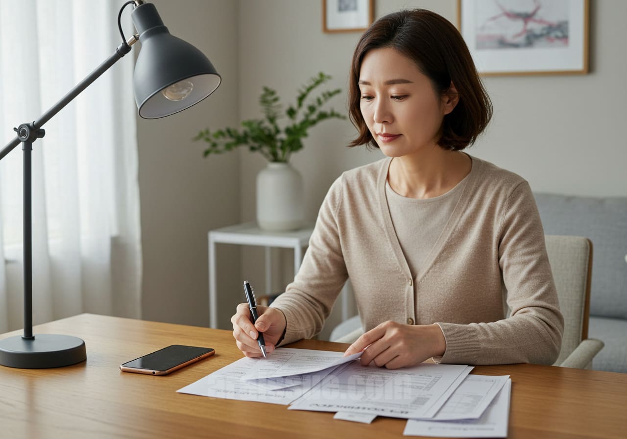 실손보험 청구를 위해 진료 영수증과 처방전을 정리하는 한국 여성의 모습.
스마트폰과 각종 의료 서류가 책상 위에 정돈되어 있으며, 실내에서 집중한 표정으로 건강 기록을 관리하는 장면입니다.