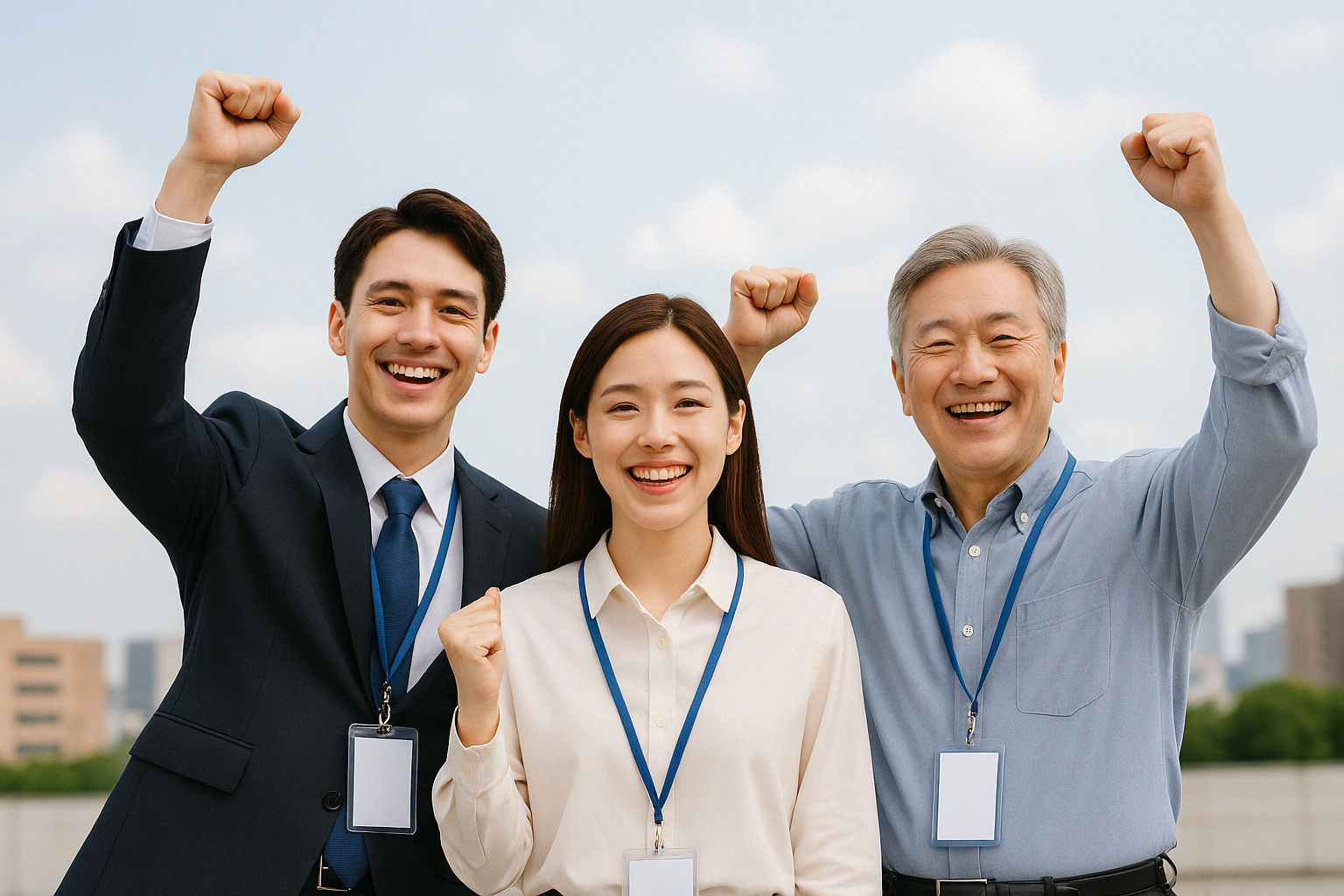 도시를 배경으로 정장 및 셔츠 차림의 남녀 세 명(청년 남성, 청년 여성, 중년 남성)이 모두 엄지를 치켜들거나 주먹을 들어 올리며 환하게 웃고 있는 모습