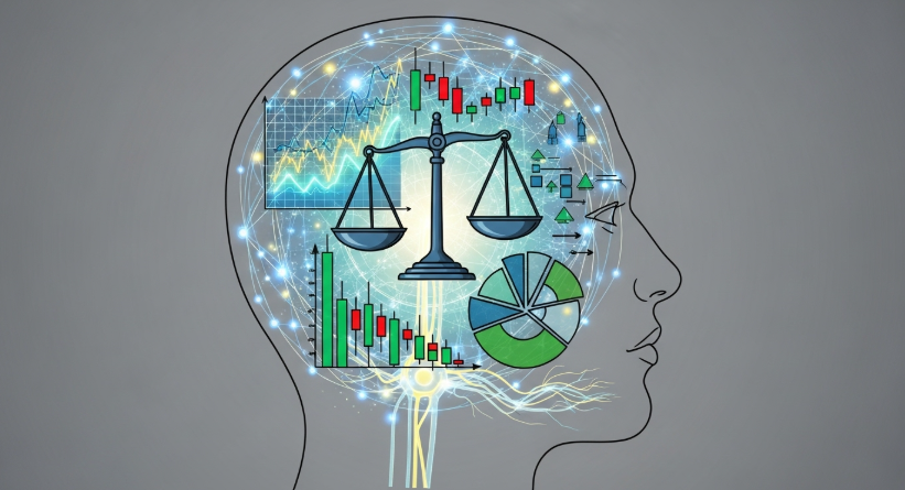 A stylized illustration of a human head in profile. Inside the head, instead of a brain, there are balanced scales, charts, and glowing neural pathways, symbolizing a disciplined and analytical trading mind. The background is neutral.