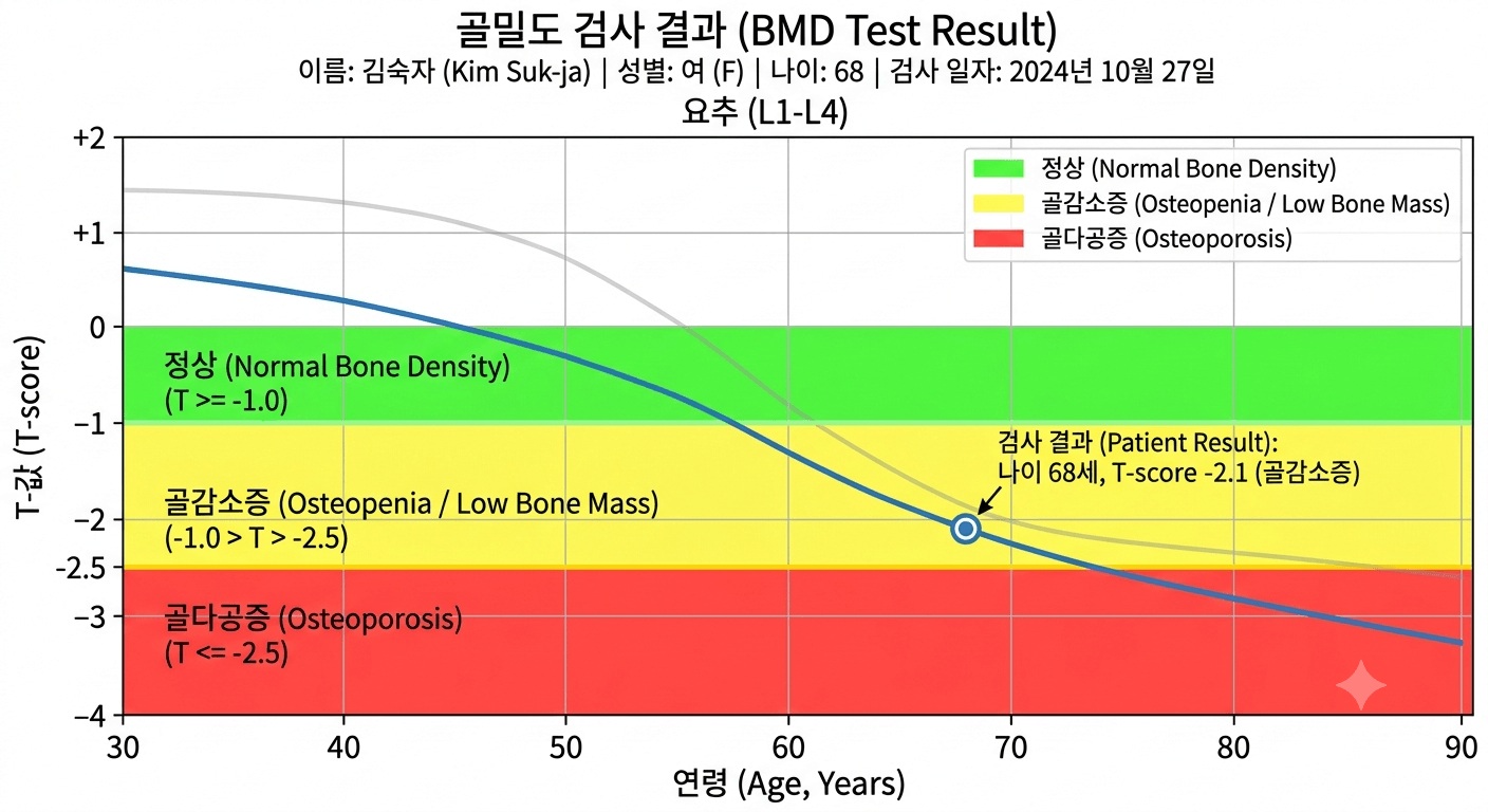 골다공증 진단 기준인 T-스코어 수치와 정상, 골감소증 범위를 나타내는 골밀도 검사 결과 그래프