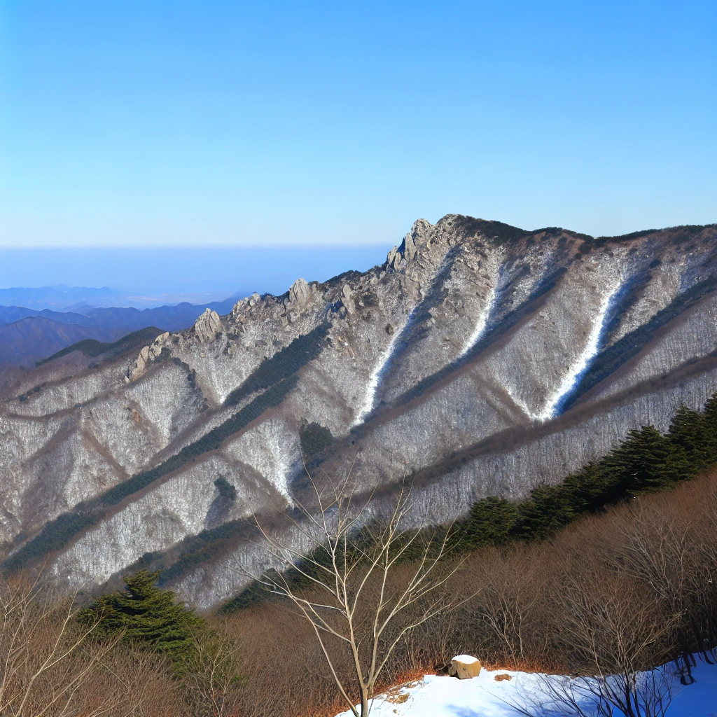 눈 덮인 덕유산의 봉우리와 숲이 푸른 하늘 아래 펼쳐진 겨울 풍경