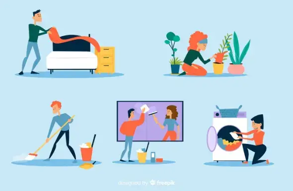 침대 정리, 식물 관리, 바닥 청소, 창문 닦기, 세탁 등 다양한 집안일을 하는 사람들의 일러스트 이미지