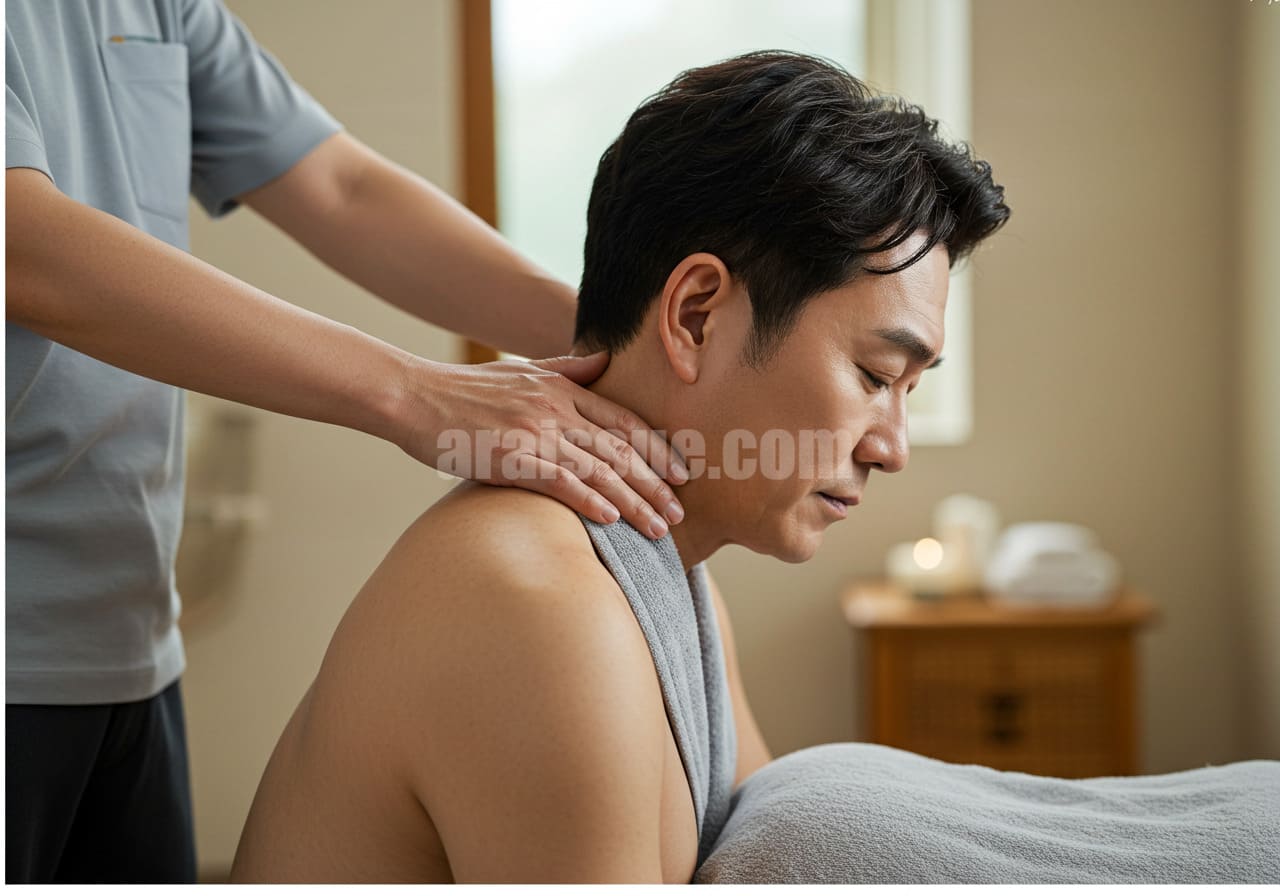 가운을 입고 있는 중년 한국 남성이 목과 어깨 부위를 부드럽게 마사지받으며 두통이 완화되는 모습