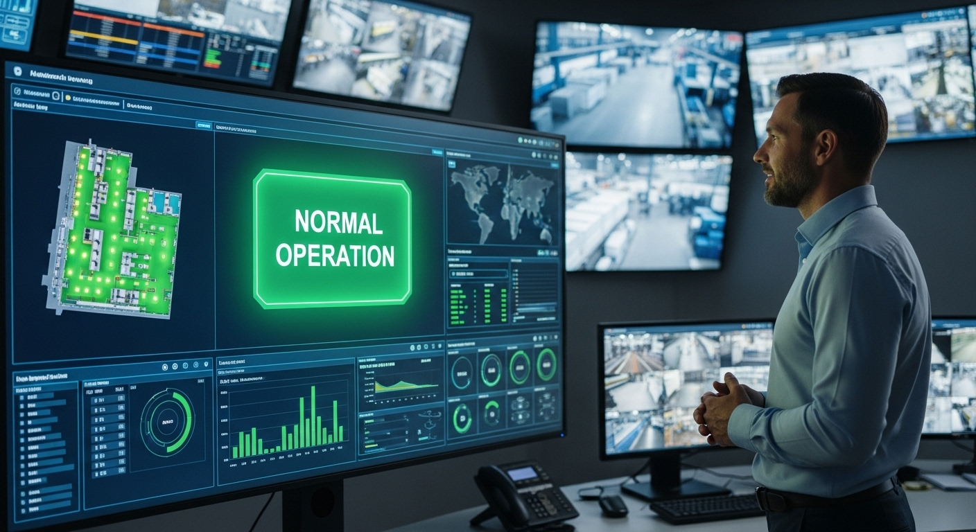 철저한 보안 시스템으로 보호받으며 안전하게 운영되는 스마트 팩토리 통합 관제실의 모습