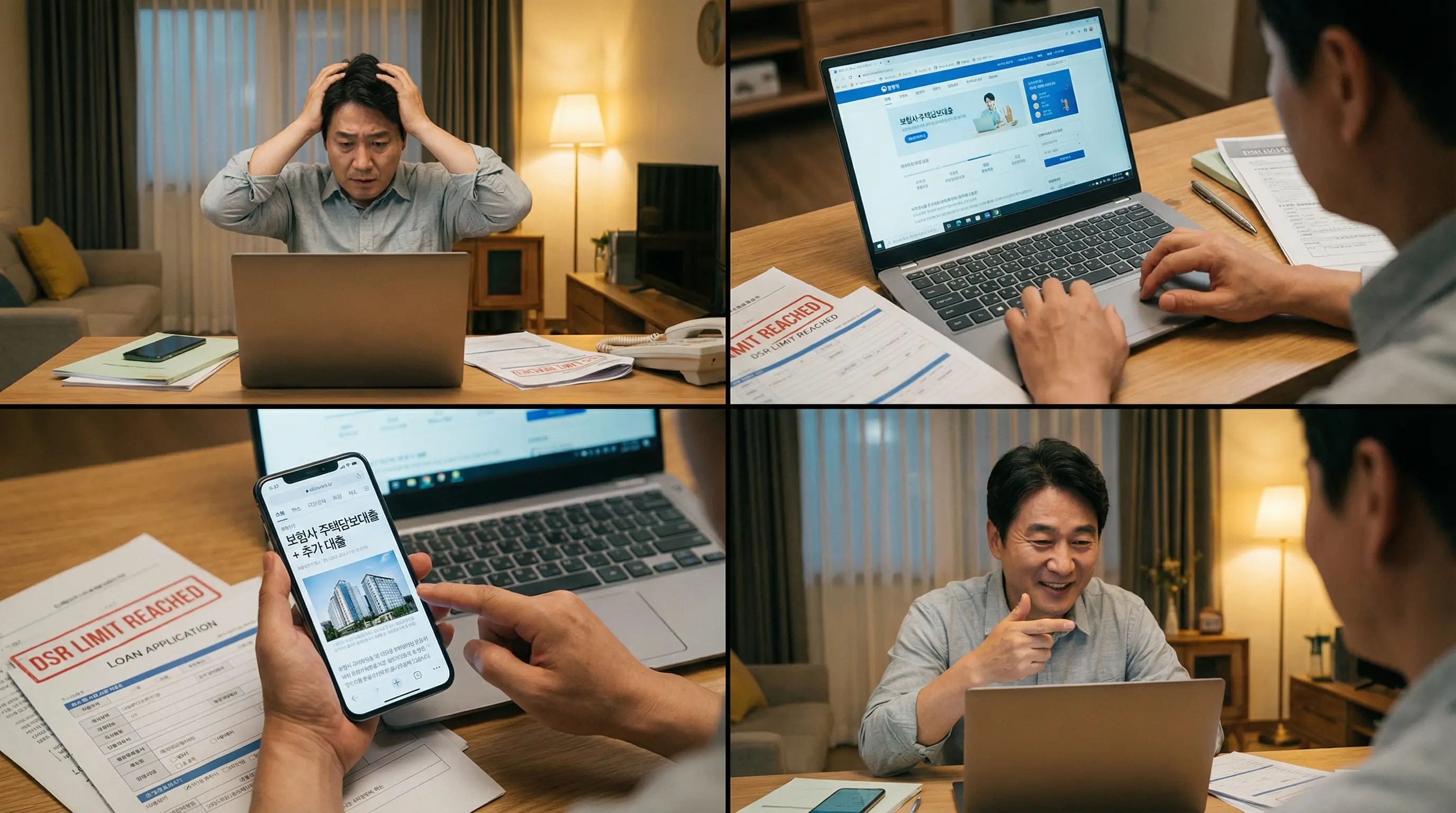 은행의 DSR 규제로 대출 한도가 부족해 고민하는 사람이 보험사 주담대와 추가 대출이라는 해결책을 발견하는 모습