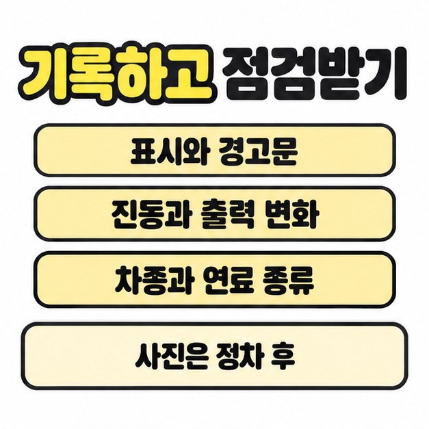 표시와 경고문 및 진동과 출력 변화와 차종 및 연료 종류를 기록하고 사진은 정차 후 찍도록 안내한 카드
