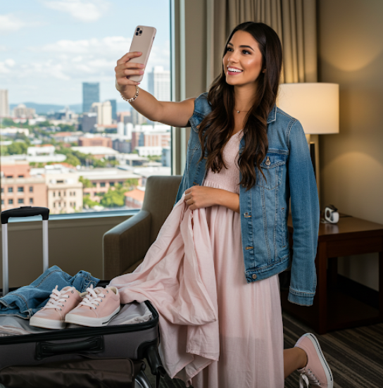 여행중 인스타에 잘 나오는 옷을 고르는 여대생