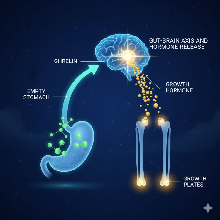 왼쪽에 빈 위장에서 그렐린 분자가 분비되어 화살표를 따라 뇌하수체로 향하는 모습. 뇌하수체에서 성장호르몬이 폭발적으로 분비되어 아래로 흐르며 성장판이 있는 뼈로 도달하는 과정을 시각화. 배경은 밤 시간으로 설정하여 수면과의 연관성 표현. 파란색과 초록색 톤의 의학 일러스트