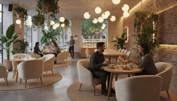 아늑하고 현대적인 분위기의 카페 내부, 첫 데이트 장소로 이상적인 공간