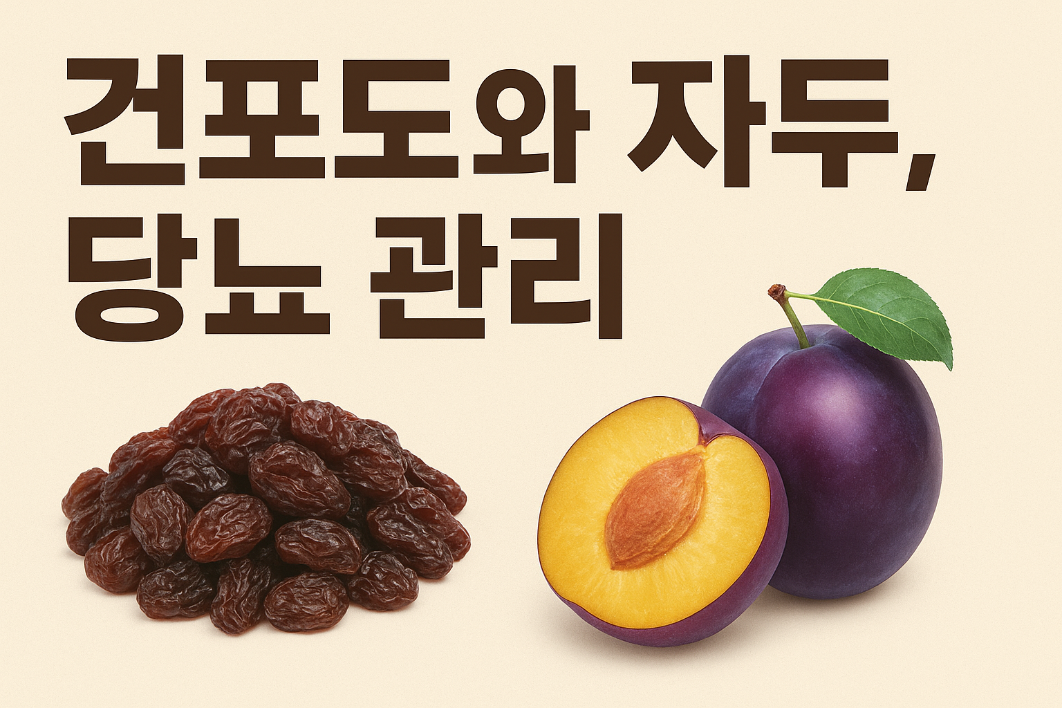 “밝은 베이지색 배경 위에 ‘건포도·포도, 건자두·자두와 당뇨’라는 제목이 적혀 있고, 신선한 포도와 자두 옆에 건조된 건포도와 건자두가 함께 배치된 건강 정보형 썸네일 이미지. 혈당 관리와 당뇨 식단을 상징하는 깨끗하고 자연스러운 디자인.