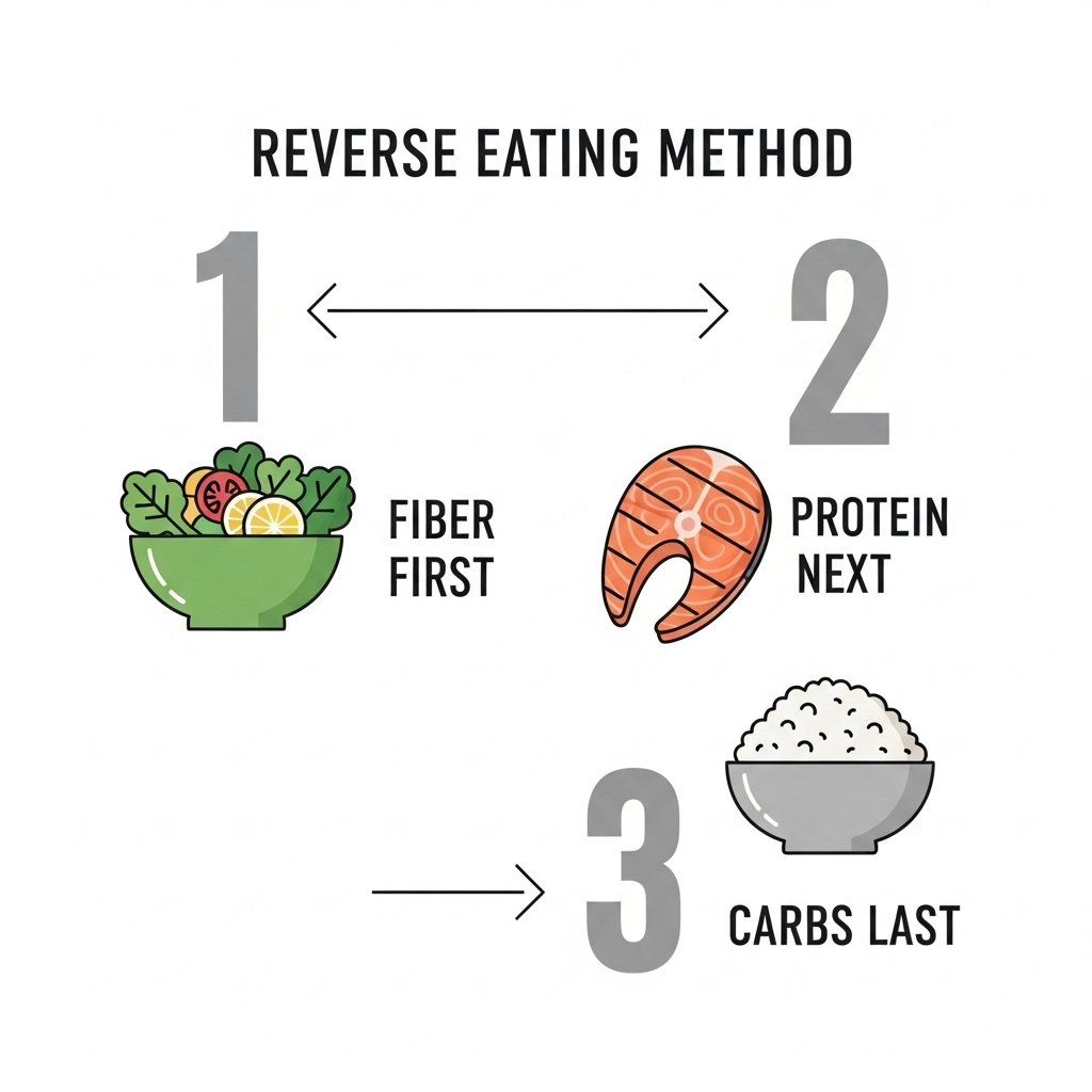 [이미지 2: 식사 순서를 보여주는 깔끔한 인포그래픽. 1번(채소), 2번(단백질), 3번(탄수화물) 아이콘과 함께 화살표로 순서를 나타내는 이미지]