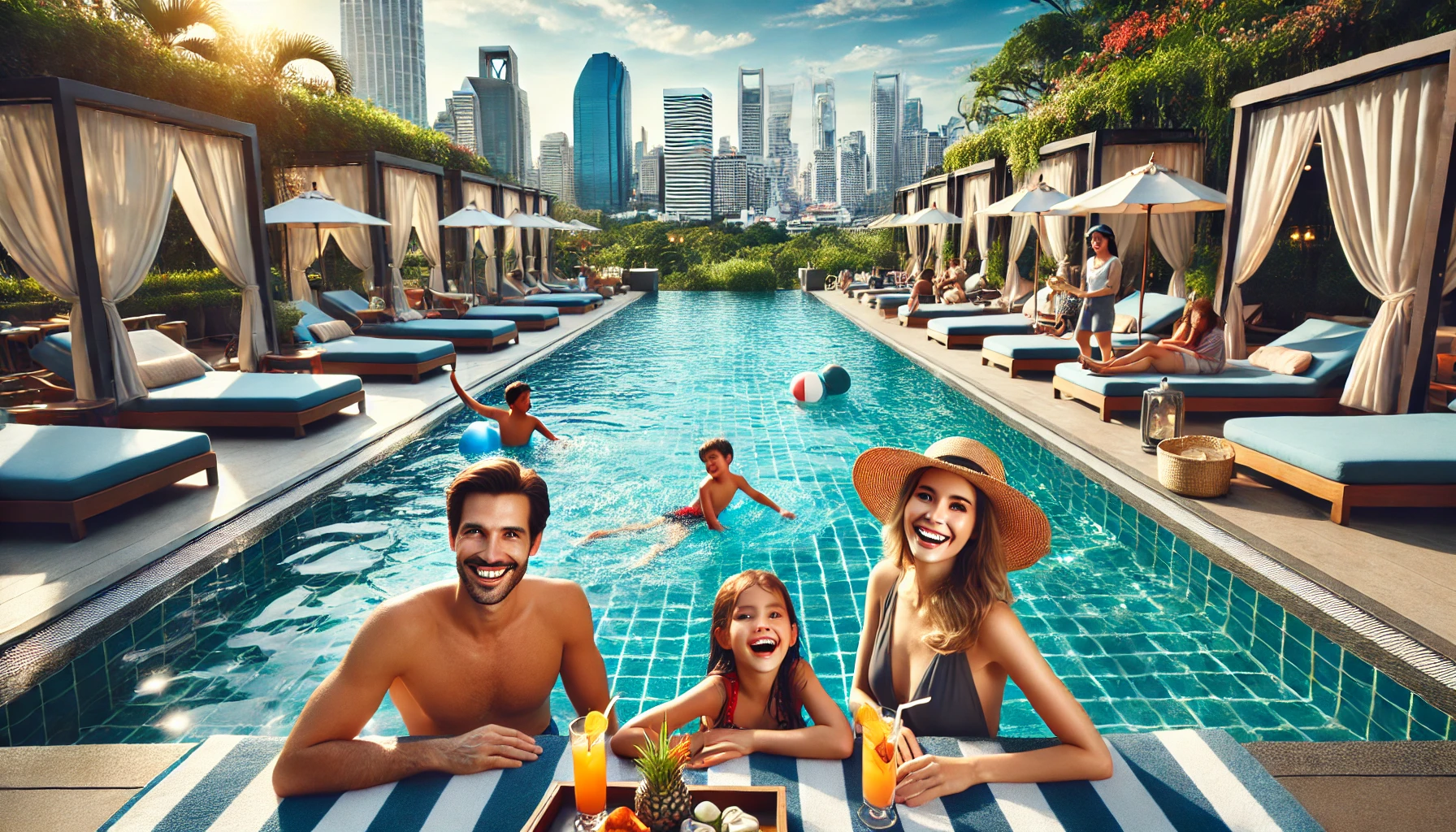 방콕의 럭셔리한 가족 친화적 호텔과 수영장을 즐기는 가족의 모습