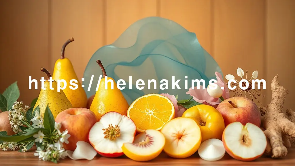 깨끗한 기관지를 연상시키는 투명하고 섬세한 푸른색 라인 아트가 중앙에 있고, 이 라인 아트 주변으로는 신선한 배, 상큼한 노란 유자, 자연스러운 형태의 도라지 뿌리, 하얀 무 조각, 모과 그리고 따뜻한 색감의 생강이 풍성하고 먹음직스럽게 어우러져 면역력 강화와 편안한 호흡을 시각적으로 상징한 이미지.