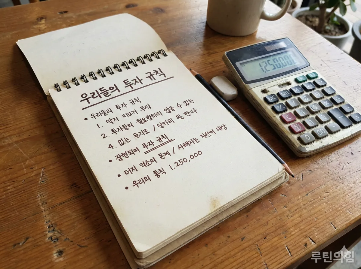 나무 테이블 위에 놓인 계산기와 '우리들의 투자 규칙'이 적힌 노트