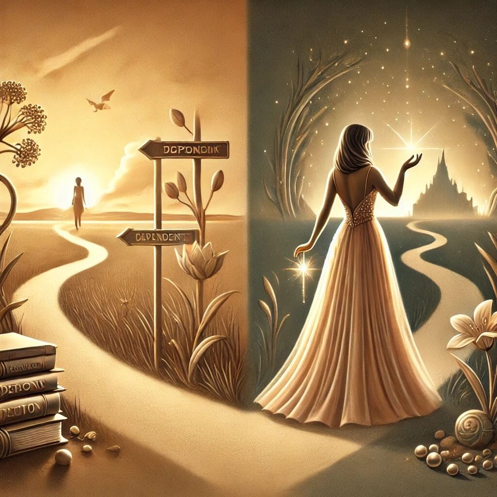 독립과 의존의 두 길의 갈림길에 서 있는 여성을 통해 보여주는 신데렐라 콤플렉스