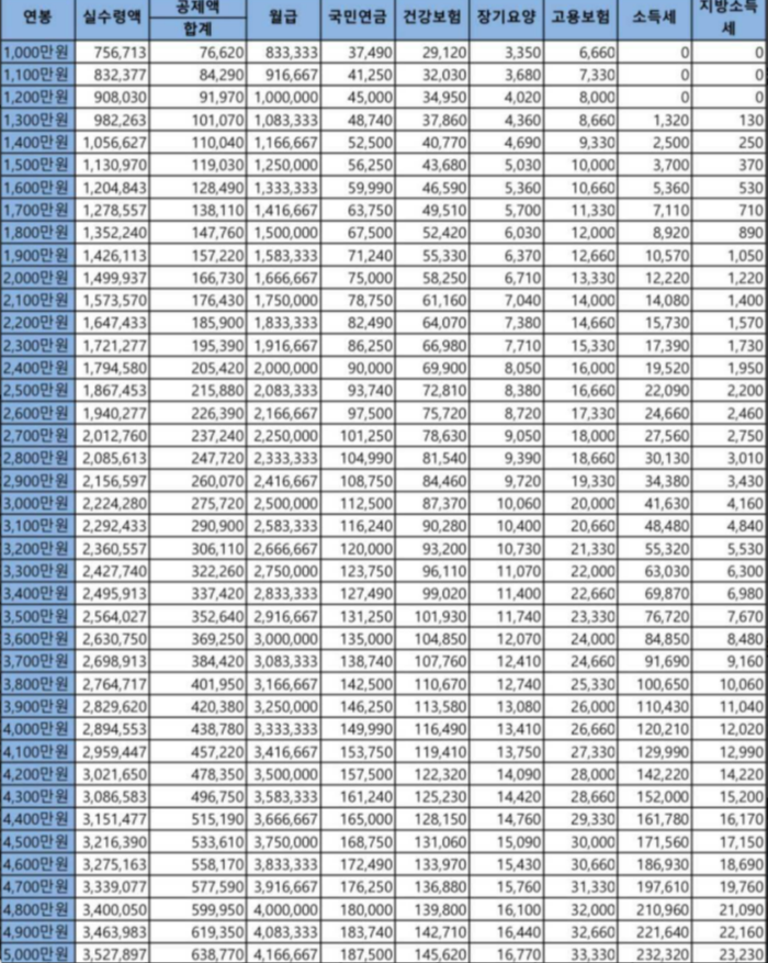 2022년 기준 실수령액 1000~5000만원