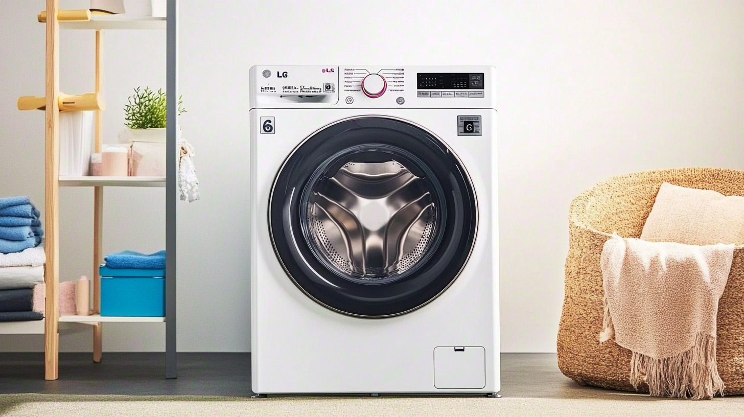 세련된 홈 인테리어에 놓인 우아한 LG 트롬 세탁기가 6모션 기술과 프리미엄 마감처리를 강조합니다.