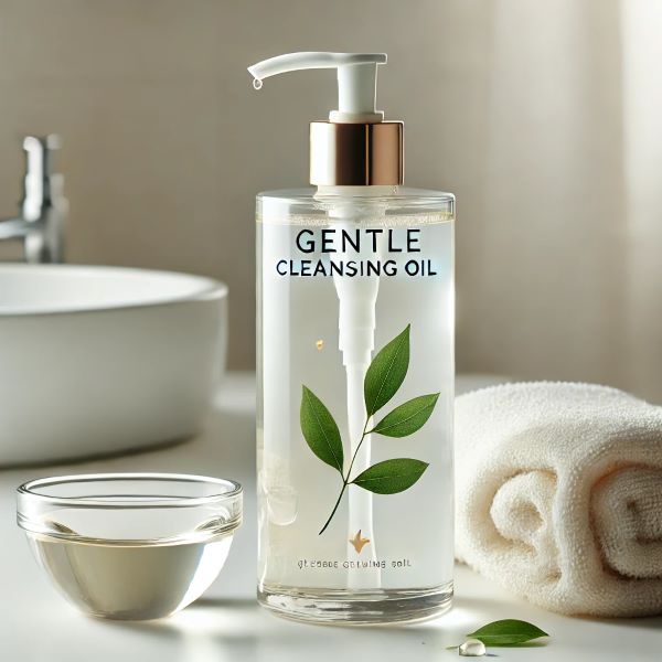 화이트 욕실 세면대 위에 놓인 투명한 클렌징 오일 병과 펌프,옆에는 깔끔한 수건과 녹색 잎, 오일이 담긴 유리 용기가 함께 연출되어 있어, 민감성 피부를 위한 스킨케어 분위기를 전합니다.
