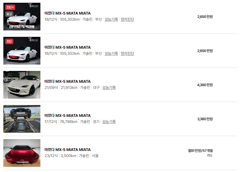 마쯔다 MX-5 중고차 가격 시세표 연비