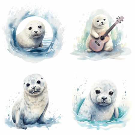 watercolor-illustration&#44;-Harp_seal&#44;-white-vignette-프롬프트를-사용하여-미드저니로-생성한-AI이미지