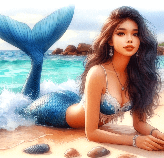 긴 머리를 한 인어공주가 해변가에 엎드려있다. 매우 아름답고 하반신은 파란색이고, 꼬리 지느러미는 하늘을 향한다.