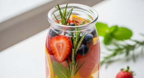 투명한 유리병에 과일과 허브가 담긴 주스