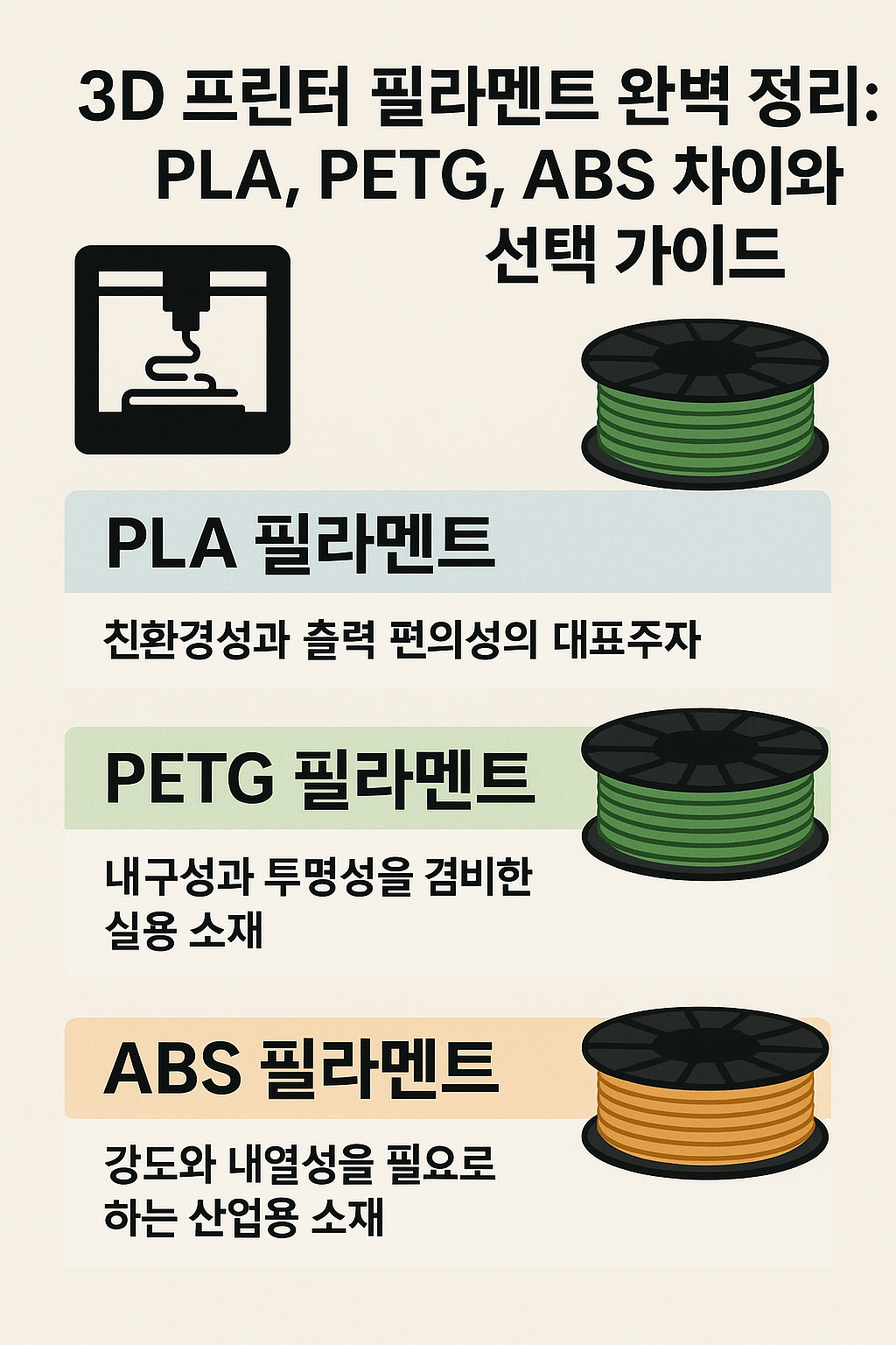 3D 프린터 필라멘트 종류별 특징 요약 이미지