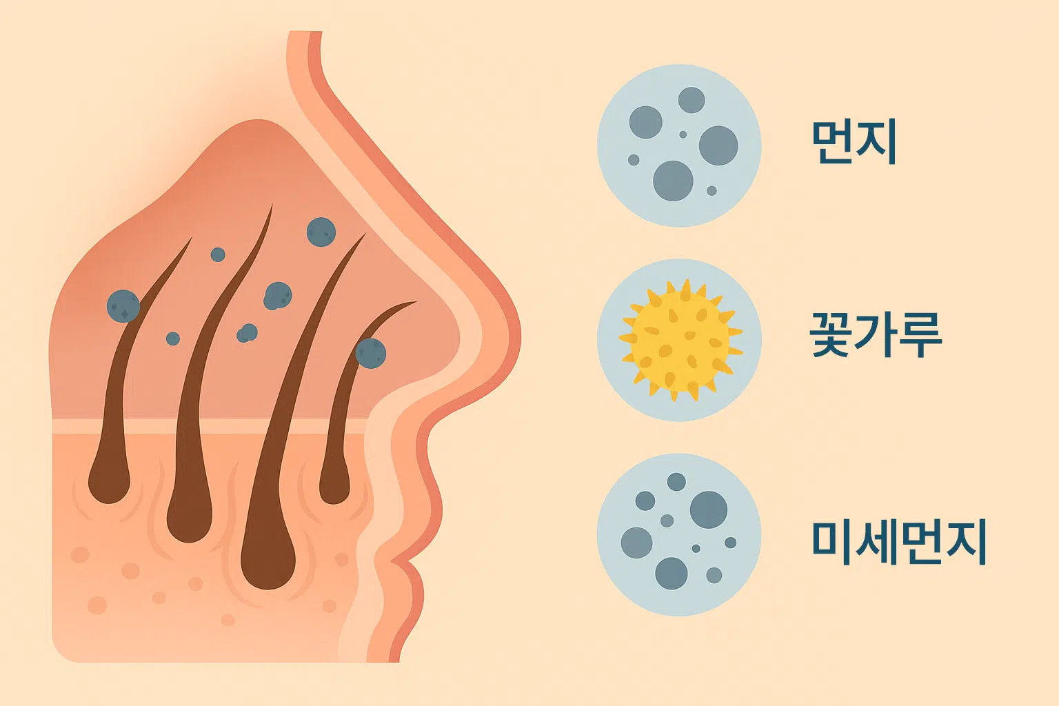 코 내부를 확대해 먼지, 꽃가루, 미세먼지를 걸러내는 코털 단면도, 이물질이 코털에 붙어 있는 모습