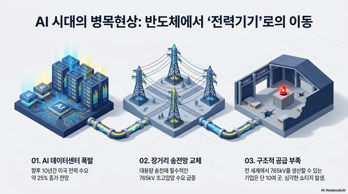 효성중공업 주가 전망: AI 데이터센터 폭발과 장거리 송전망 교체로 전력 병목이 반도체에서 전력기기로 옮겨가는 흐름을 3단계로 표현한 인포그래픽. 미국 전력 수요 약 25% 증가 전망과 765kV 초고압망 수요 급증, 전 세계 10여 곳뿐인 생산 기업이라는 구조적 공급 부족을 설명함.