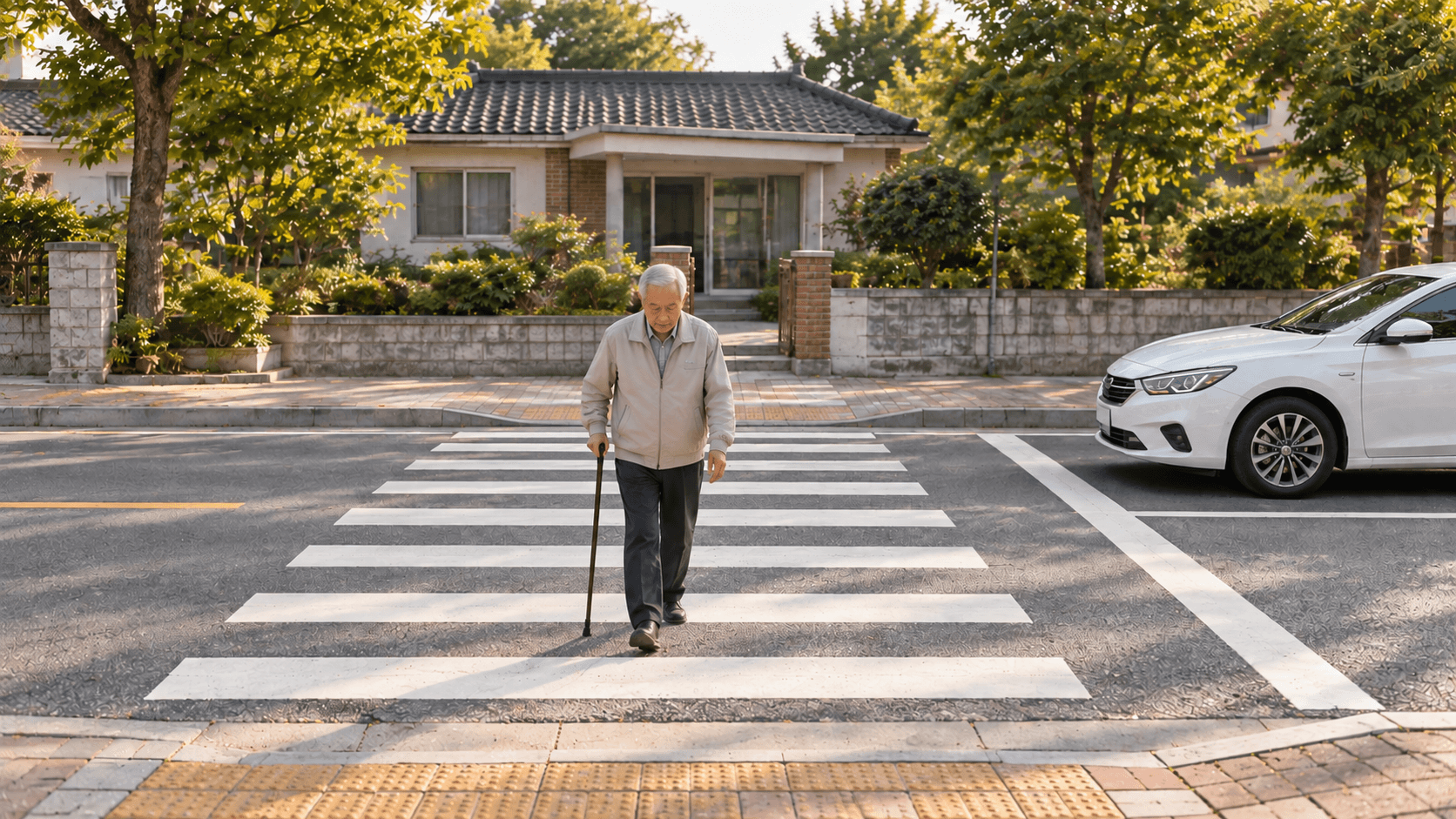 경로당 앞 노인보호구역 도로를 지팡이를 짚은 어르신이 건너고, 차가 속도를 줄여 기다리는 모습