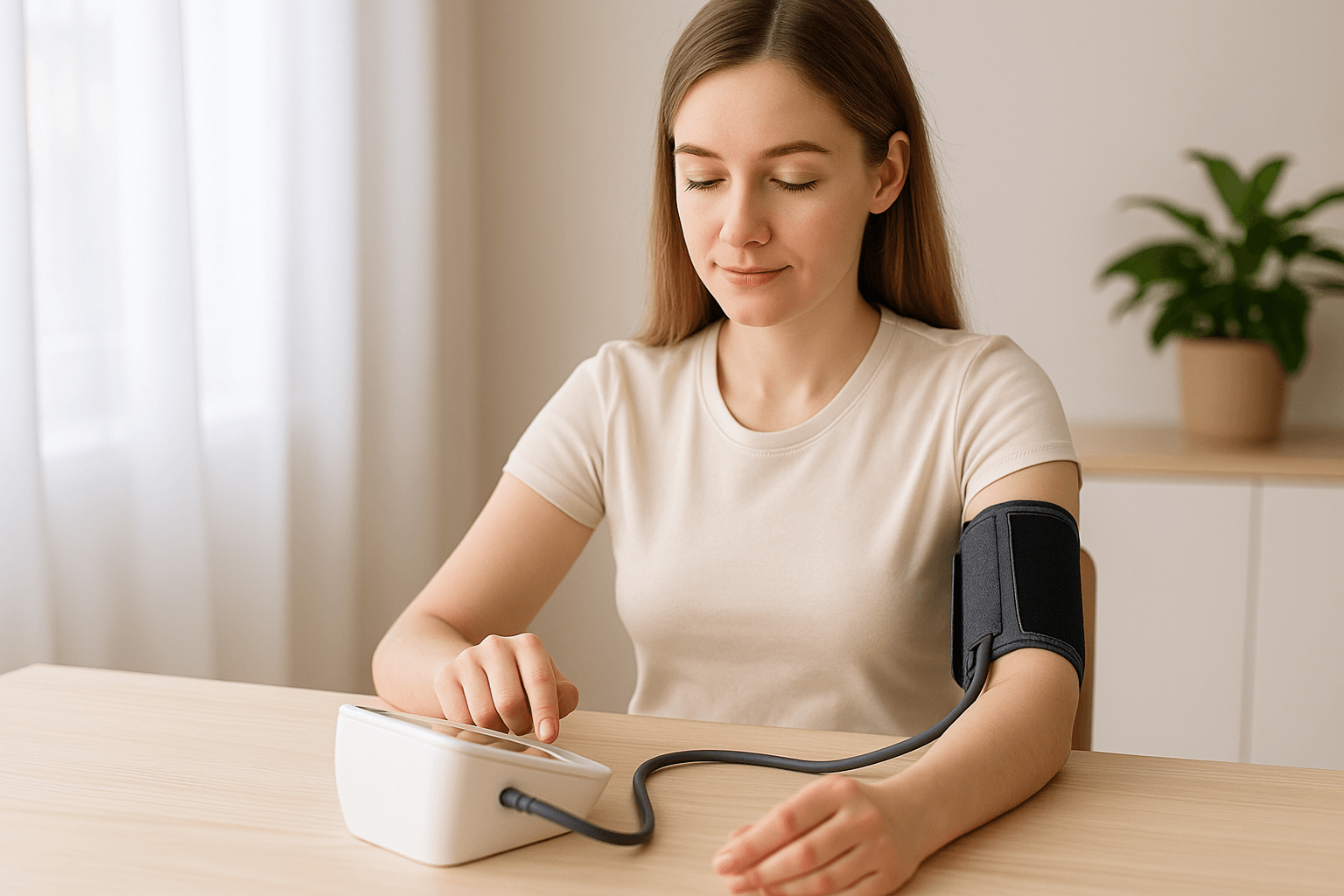 혈압계로 혈압을 측정하는 여성의 모습(출처**자체제작)