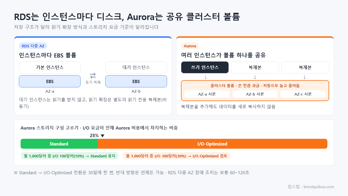 RDS는 인스턴스마다 디스크, Aurora는 공유 클러스터 볼륨 도식 &mdash; 저장 구조가 달라 읽기 확장 방식과 스토리지 요금 기준이 달라집니다