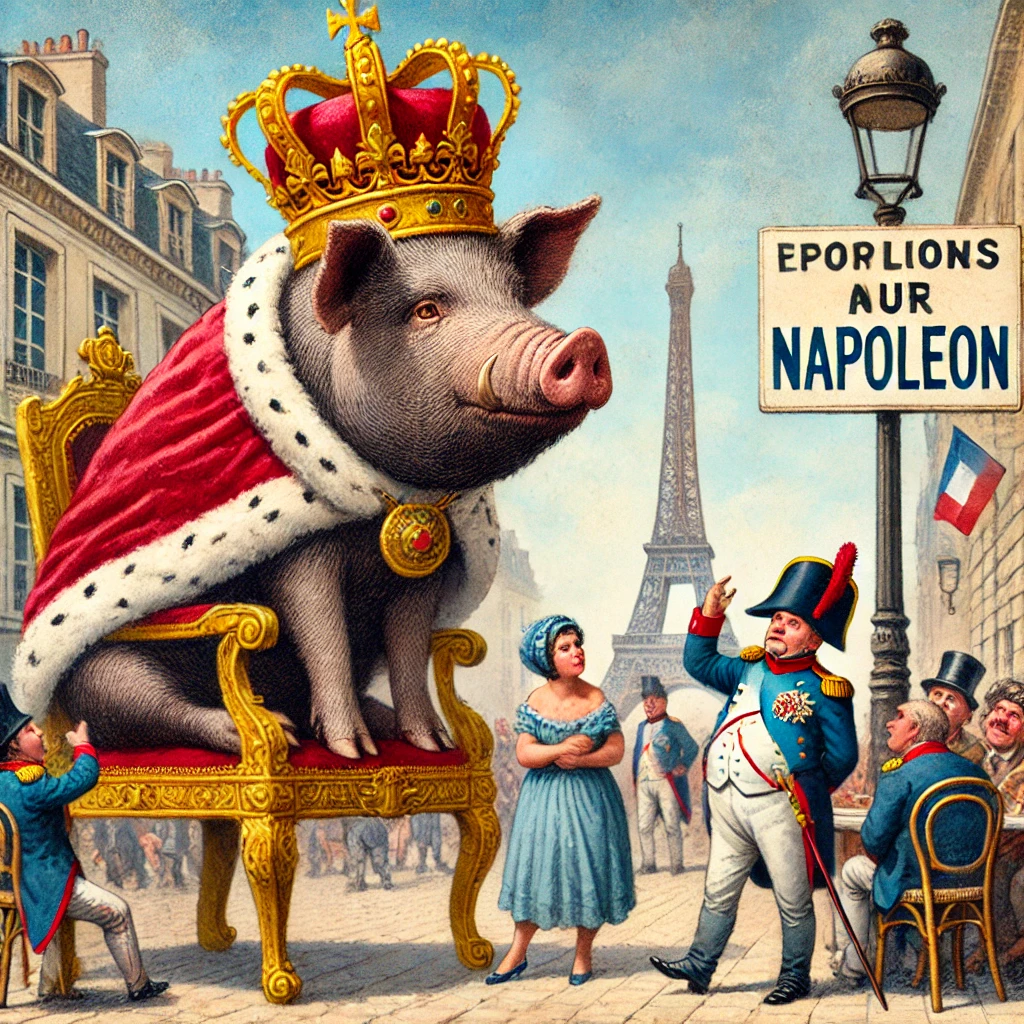 왕관을 쓴 거대한 돼지가 프랑스의 황제처럼 앉아 있는 모습.