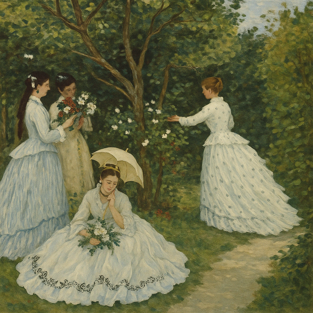 인상주의 화풍의 그림. 공원 속 네명의 여인.