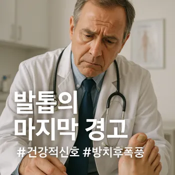 흰색 인테리어의 병원 진료실에서 중년의 의사가 걱정스러운 표정으로 환자의 발을 내려다보고 있다. 발은 클로즈업되지 않았지만, 발톱 하나가 변색된 것이 희미하게 보인다. 극사실적인 사진 스타일.