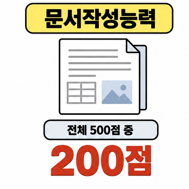 글과 표, 그림이 있는 문서 아래 전체 500점 중 문서작성능력의 배점 200점을 크게 강조한 그림