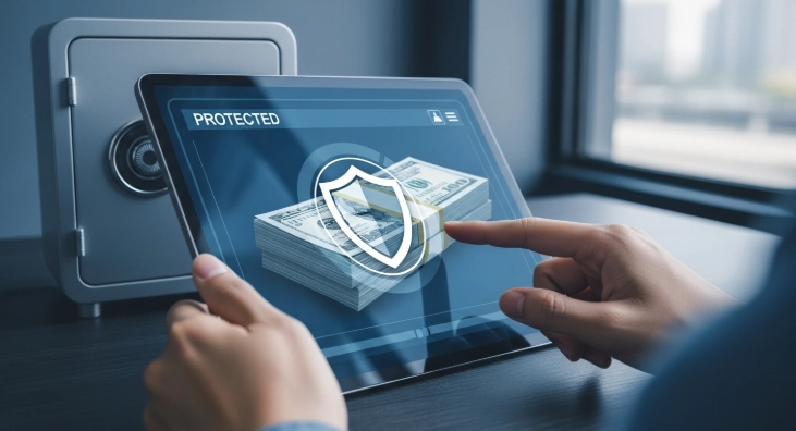 태블릿 화면에 방패 아이콘이 있는 압류방지통장 계좌 화면이 보이는 모습. 안전하게 보호되는 금융 자산을 상징합니다.