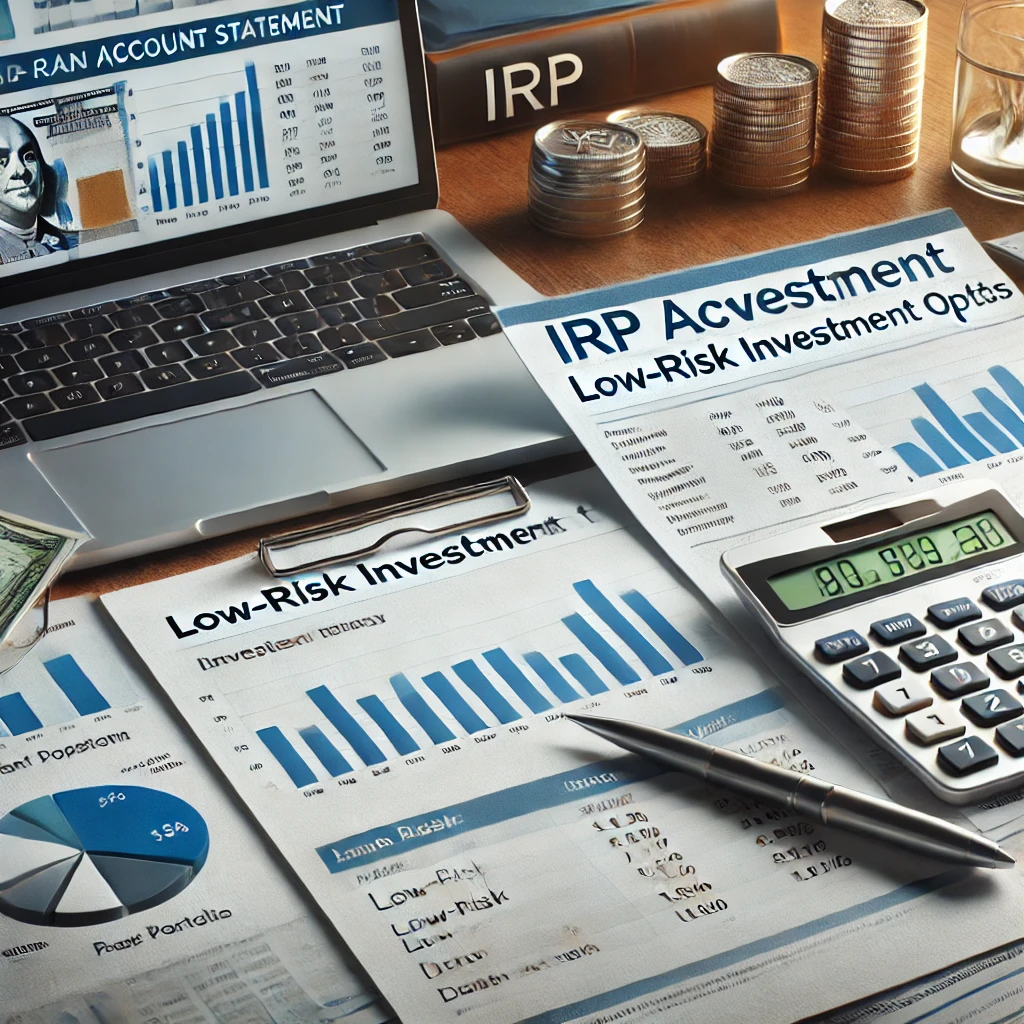  IRP 계좌 명세서와 저위험 투자 옵션 문서&amp;#44; 분산 포트폴리오를 보여주는 원형 차트&amp;#44; 금융 분석이 표시된 노트북과 계산기가 있는 책상.
