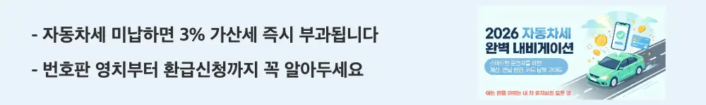 자동차세 납부방법: '자동차세 미납하면 3% 가산세 즉시 부과됩니다'와 '번호판 영치부터 환급신청까지 꼭 알아두세요'라는 문구가 포함된 웹배너 이미지. 이 이미지는 자동차세 미납 시 가산세와 번호판 영치 불이익 및 환급 절차를 시각적으로 전달하며, 블로그의 자동차세 체납 불이익과 환급 방법과 관련된 내용을 설명함