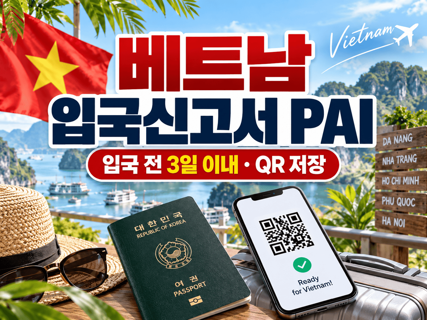 스마트폰에서 베트남 PAI 사전입국신고를 완료하고 QR 확인 화면을 준비하는 여행 장면