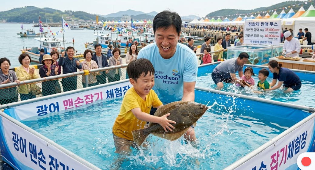 대형 풀장에서 맨손으로 광어를 잡으며 환하게 웃고 있는 가족들