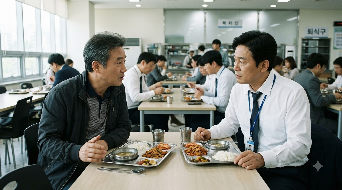 회사 구내식당에서 50대 직장인 두 명이 점심을 먹으며 진지하게 이야기하는 장면