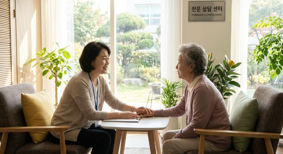 따뜻한 미소를 지으며 클라이언트와 마주 앉아 상담을 진행하는 전문적인 사회복지사