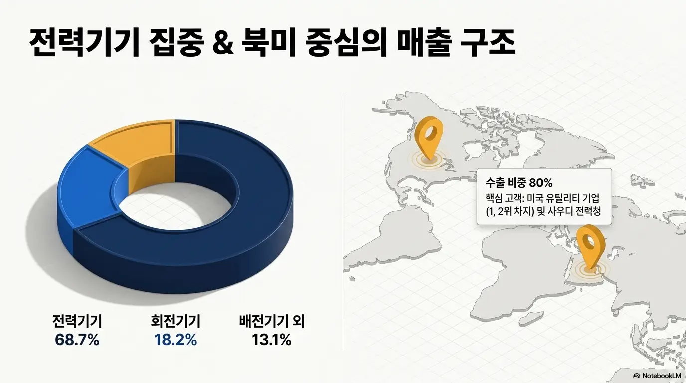 HD현대일렉트릭 주가 전망: HD현대일렉트릭의 매출 구조를 도넛 차트와 세계 지도로 표현한 인포그래픽. 전력기기 68.7%&amp;#44; 회전기기 18.2%&amp;#44; 배전기기 외 13.1%로 전력기기에 집중돼 있으며 수출 비중 80%에 미국 유틸리티 기업과 사우디 전력청이 핵심 고객임을 보여준다. 