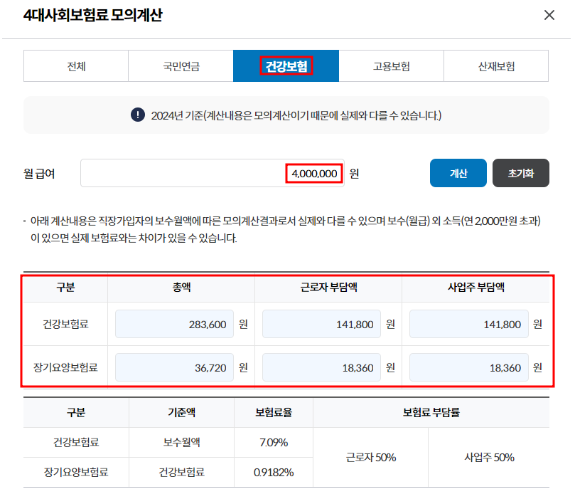 직장가입자 건강보험료 모의계산