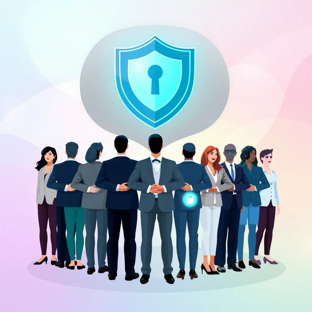 여러 사람이 손을 잡거나 어깨동무를 하고 큰 네트워크 보호막을 함께 지탱하는 모습을 그립니다. 이 보호막 아래로는 깨끗하고 안정적인 신호들이 흐르고 있어, 협력을 통한 보안 강화의 중요성을 시각적으로 전달합니다.