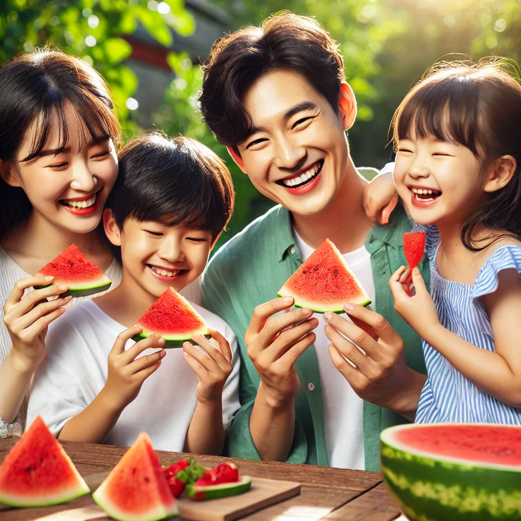 가족이 야외 피크닉 테이블에서 함께 수박을 즐기는 장면. 부모와 두 아이가 웃으며 수박 조각을 들고 있고&amp;#44; 주변은 푸른 초목으로 둘러싸여 있습니다