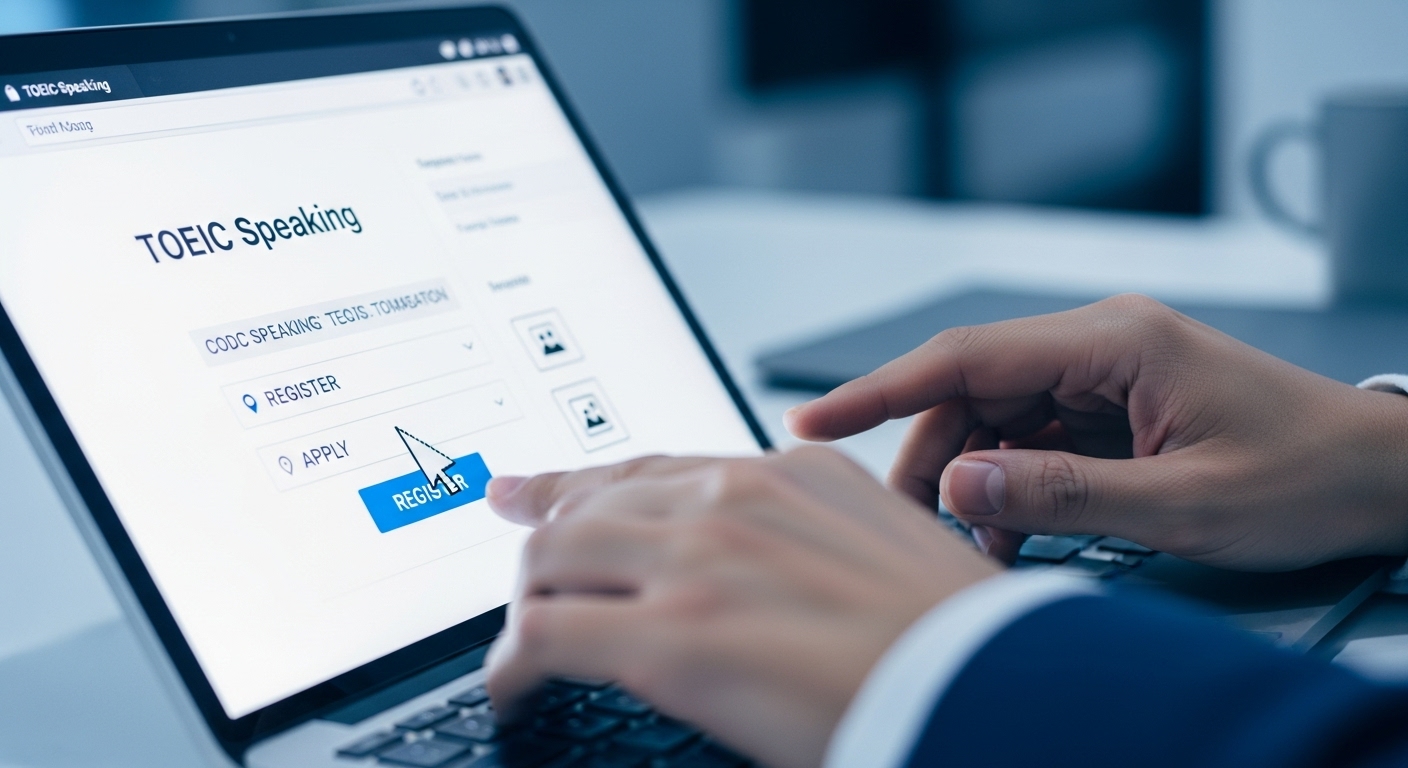 노트북으로 토익스피킹 시험 접수 웹사이트를 확인하며 '접수' 버튼을 누르는 손, 온라인 시험 접수 과정을 상징함