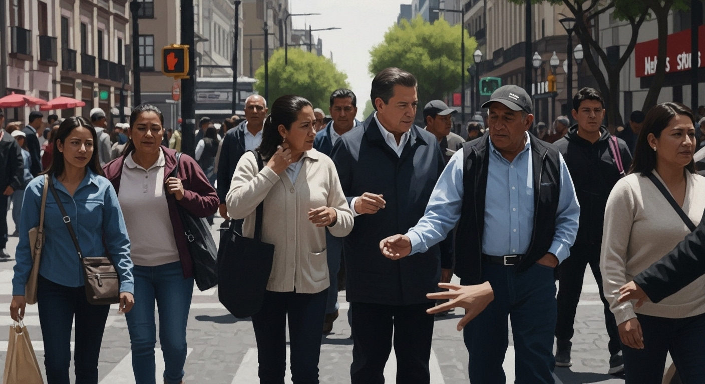 멕시코 시티 거리에서 군중과 인사를 나누는 정치인의 모습. 활기찬 분위기 속에 예측할 수 없는 순간의 긴장감이 감돈다.