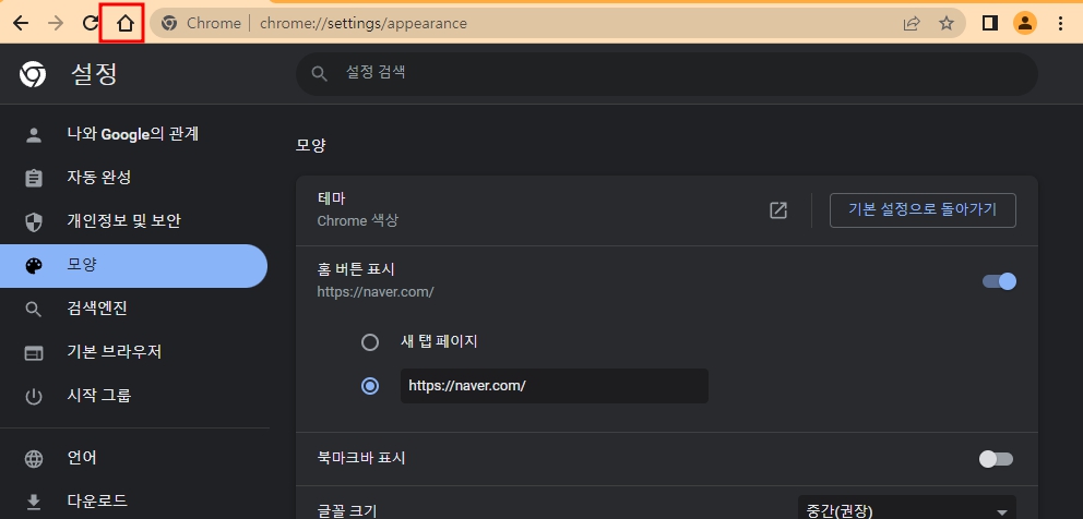구글 크롬 홈버튼 추가 방법